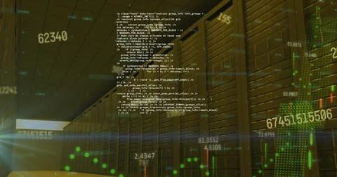 Image of changing numbers, graphs, computer language over data server room Foto stock
