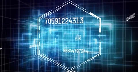Image of changing numbers, hexagons and squares over black background Stockfoto's