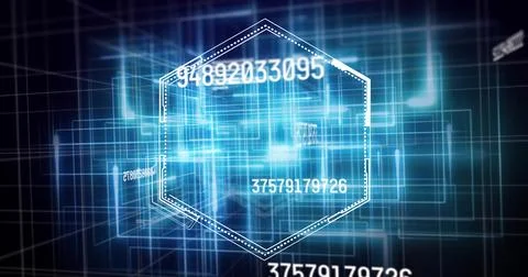 Image of changing numbers, hexagons and squares over black background Stock Photos