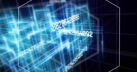 Image of changing numbers, hexagons and squares over black background Stock Photos