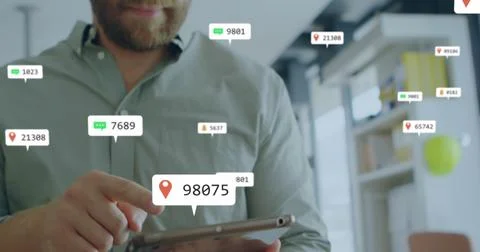 Image of changing numbers, icon in notification bars, caucasian man using Stock Photos