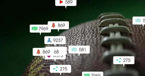 Image of changing numbers, icons in notification bars over close up of rugby Stock Photos