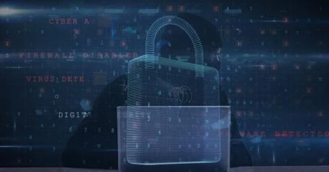 Image of changing numbers, letters and padlock over hacker using computer イラスト素材