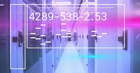 Image of changing numbers, lines and loading bars in rectangle over server room Stock Photos