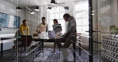 Image of changing numbers, loading bars and circles over diverse coworkers Stock Photos