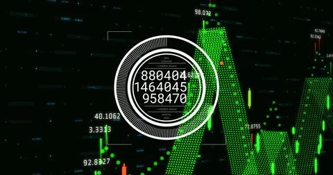 Image of changing numbers in loading circle over graphs and digits on black Stock Photos