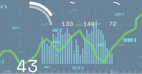 Image of changing numbers with loading circles over graphs against blue Stock Illustration