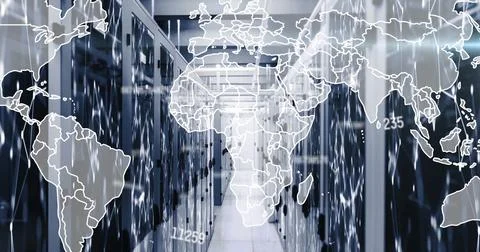 Image of changing numbers, map over connected dots on data server systems i.. Stock Photos