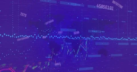 Image of changing numbers with multiple graphs and map over blue background Foto stock