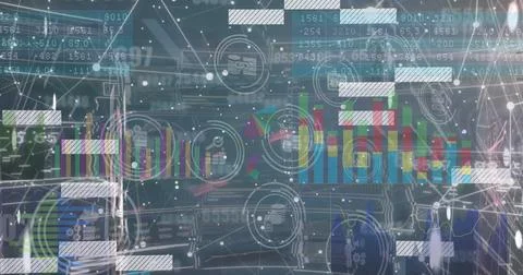 Image of changing numbers, network of connections against interface with data Stock Photos