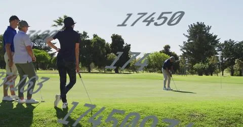 Image of changing numbers over diverse golf player watching competitor missing Stock Photos