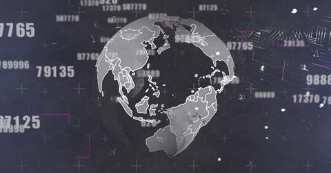 Image of changing numbers over globe and padlock on black background Stock Photos