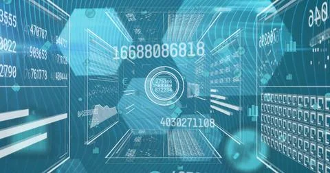 Image of changing numbers over interface with data processing against blue Stock Photos