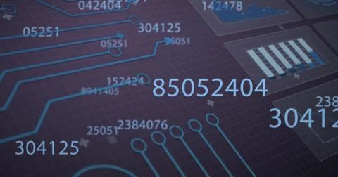 Image of changing numbers over interface with data processing and microprocessor Stock Photos