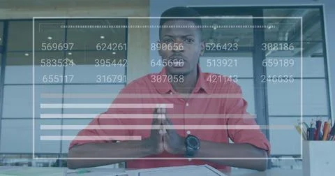 Image of changing numbers over loading bars over african american man talking on 스톡 일러스트