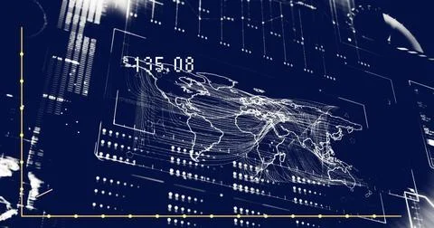 Image of changing numbers over loading bars, map and circles against abstract Stock Photos