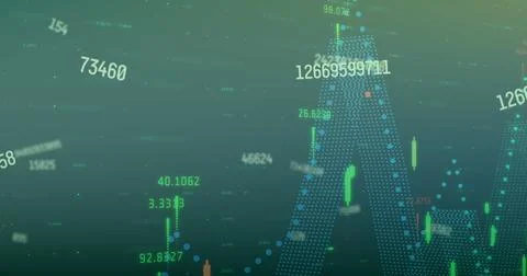 Image of changing numbers over multicolored graphs against blue background Stock Photos