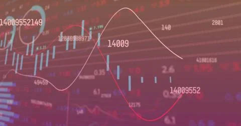 Image of changing numbers over multiple graphs and trading board against black Stock Illustration