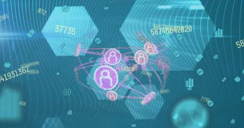 Image of changing numbers over network of profile icons against blue background Stock Photos