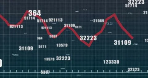 Image of changing numbers over red graph and grid pattern against black Stock Photos