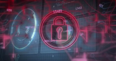 Image of changing numbers over security padlock icon against interface with data Stock Photos