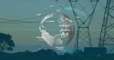 Image of changing numbers over spinning globe against network towers Stock Photos