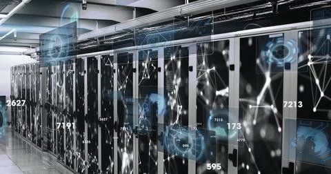 Image of changing numbers, round scanner and network of connections against Stock Photos