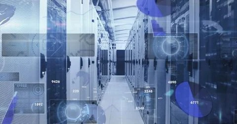 Image of changing numbers, round scanners and data processing against server Stock Photos