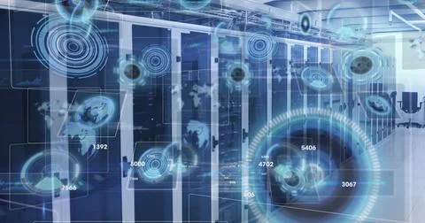 Image of changing numbers, round scanners and data processing against server Stock Photos