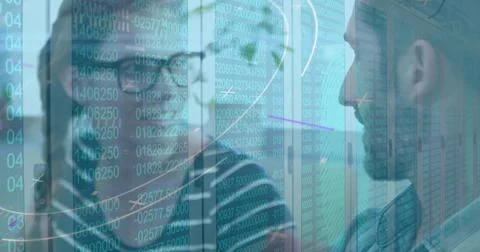 Image of changing numbers on server room and abstract pattern on diverse co.. Stock Photos