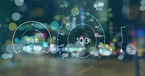 Image of changing numbers in speedometers and navigation pattern over blurred Stock Photos