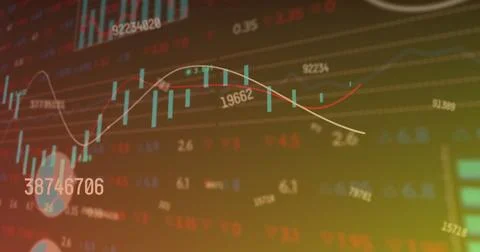 Image of changing numbers, statistical, stock market data processing on gradient 스톡 일러스트