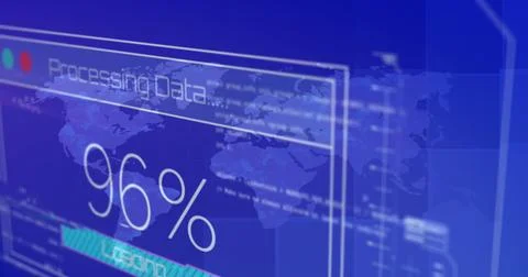 Image of changing numbers, texts, map and computer language over blue background 写真素材