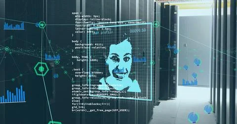 Image of changing profile icons, network of connections and data processing Stock Photos