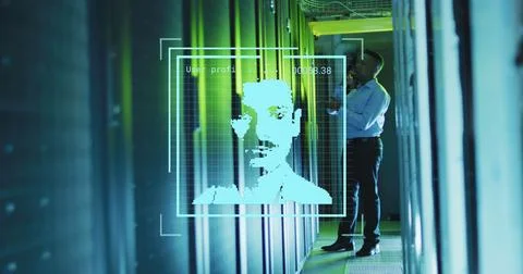 Image of changing profile icons over african american male engineer working at Stock Photos