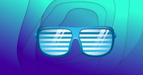 Image of changing spectacles and sunglasses over blue abstract liquid background Stock Illustration