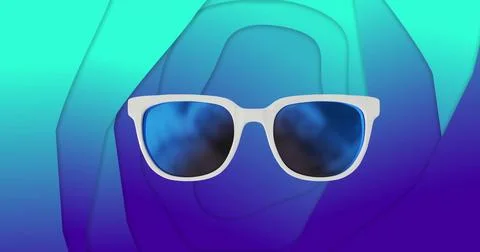 Image of changing spectacles and sunglasses over blue abstract liquid background Stock Illustration