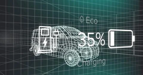 Image of charge status data on electric vehicle interface, over 3d van model Stock Illustration
