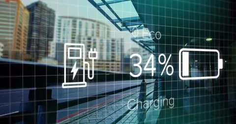 Image of charge status data on electric vehicle interface, over sped up train Ilustração Stock