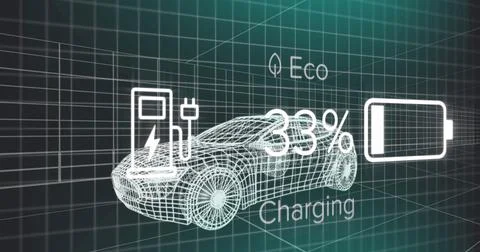 Image of charge status data on electric vehicle interface, over 3d car model 库存插图