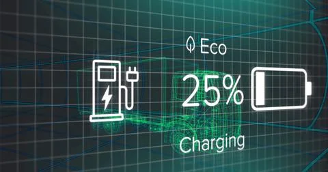 Image of charge status data on electric vehicle interface, over 3d truck model Stock Illustration
