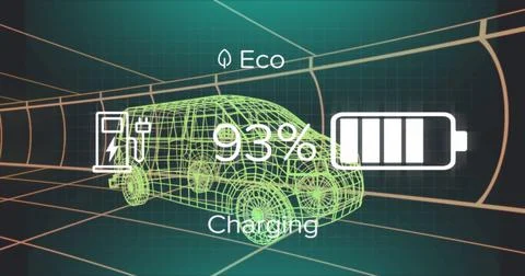 Image of charge status data on electric vehicle interface, over 3d van model Stock Illustration