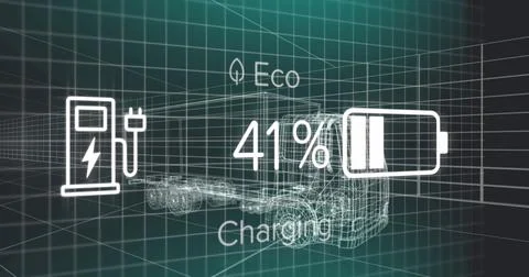 Image of charge status data on electric vehicle interface, over 3d truck model Stock Illustration