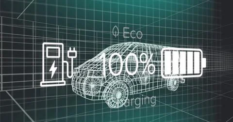 Image of charging interface over 3d van model moving in seamless pattern in.. Stock Photos