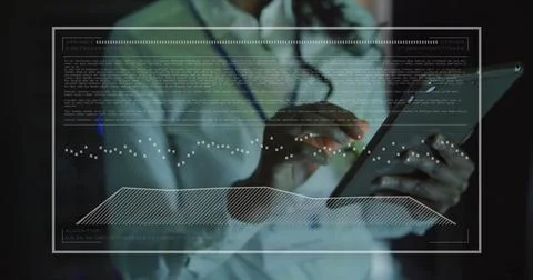 Image of chart and data processing over midsection of biracial businesswoman Stock Photos
