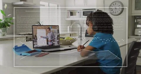 Image of chart and data processing over biracial boy using laptop for online Stock Photos