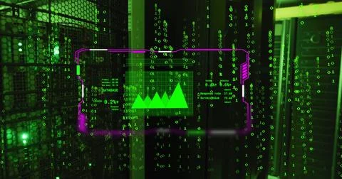 Image of chart on interface screen and binary data processing over dark computer 스톡 사진