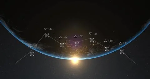 Image of chart processing data over globe and sun in space Stock Photos
