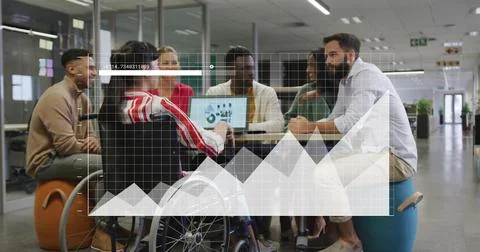 Image of chart processing data over diverse colleagues talking at casual office Stock Photos