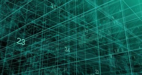 Image of charts and data processing over 3d grid イラスト素材